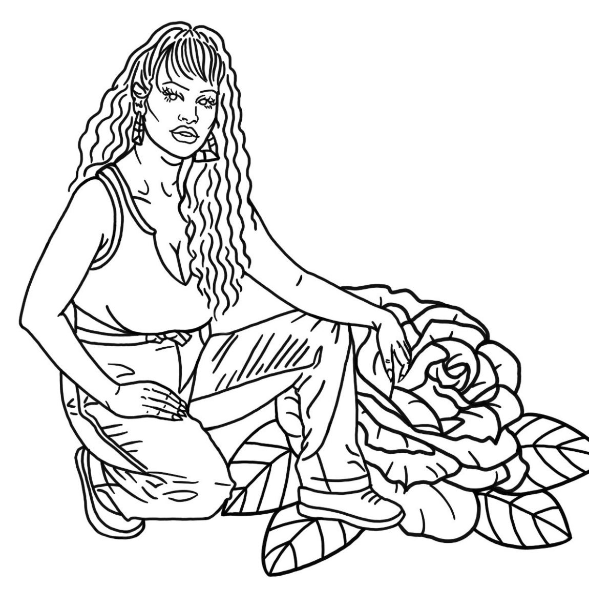 Chicana woman crouching with a large rose tattoo flash, line work