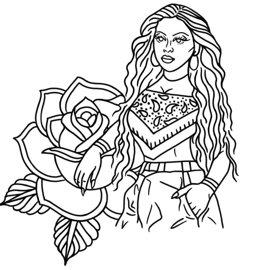 Chicana woman with rose tattoo flash, line work