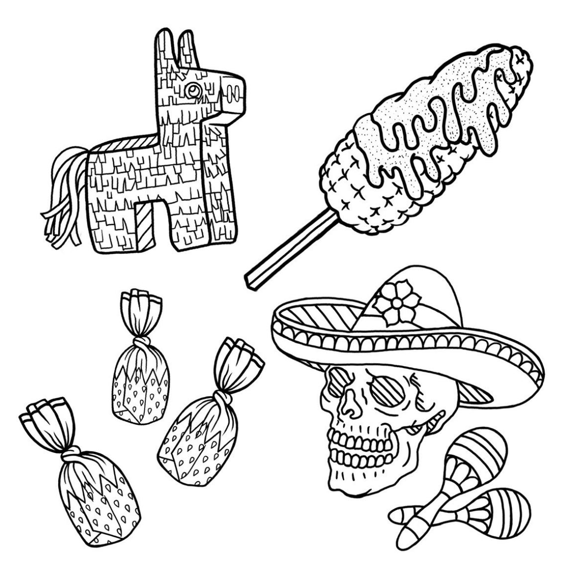Fiesta tattoo flash sheet — piñata, elote, candy, mariachi skull, maracas