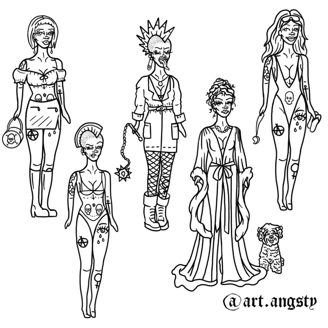 Punk pin-up tattoo flash sheet, five figures